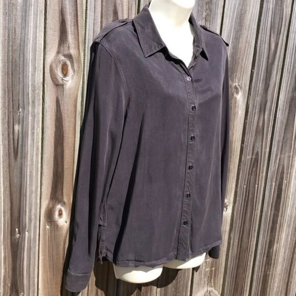 Anthropologie Maven West Medium Gray Button Down Top Blouse Ruffle Shirt Long Sl - Picture 3 of 9